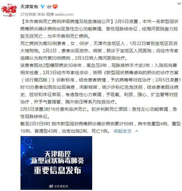  天津现首例新型肺炎死亡病例 累计确诊69例